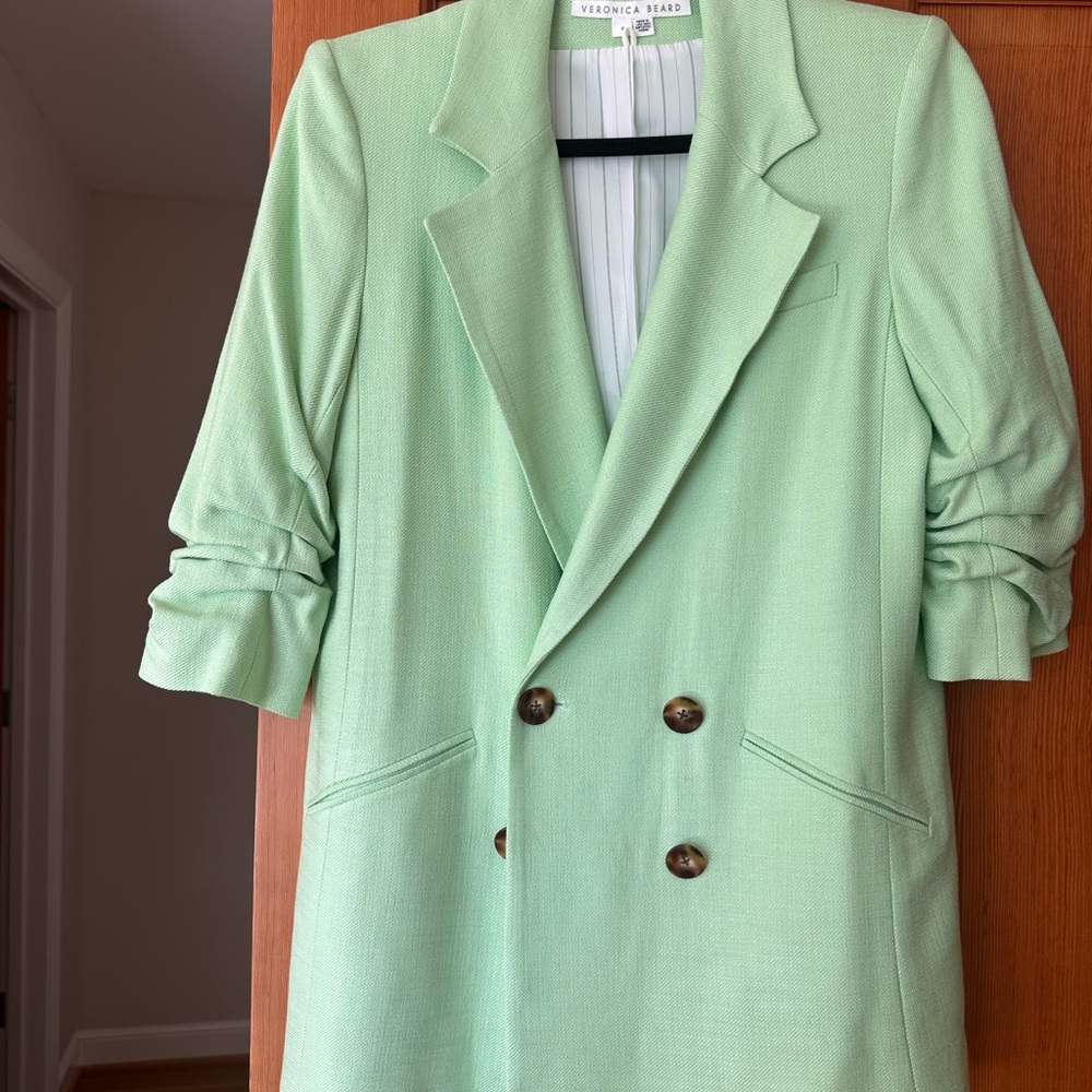 Veronica Beard Light Mint Double-Breasted Blazer with Ruched Sleeves